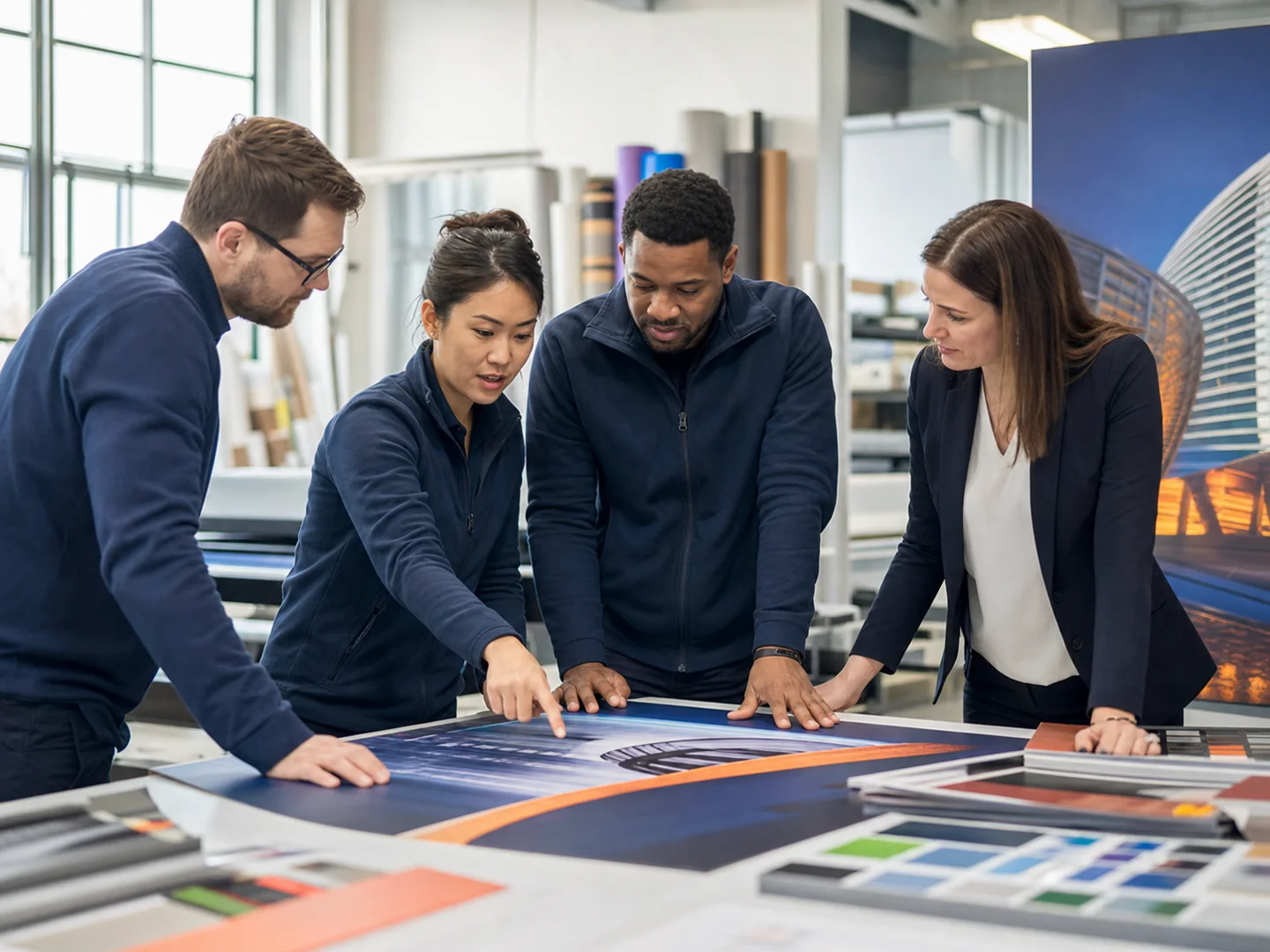 Expoprintly production team collaborating over a large printed proof