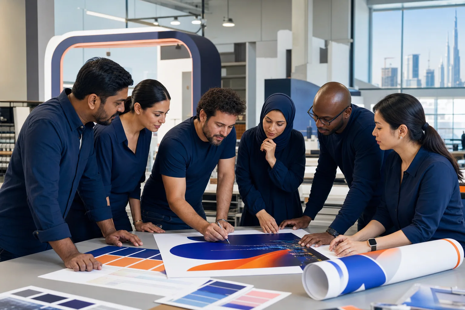 A diverse Expo Printly team reviewing a branded large-format production proof together