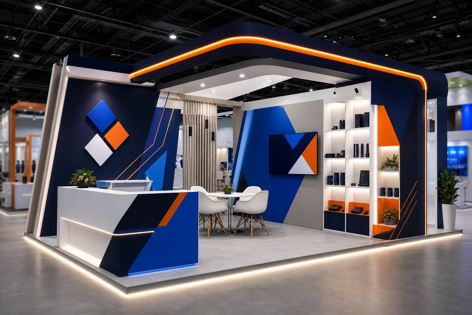 Premium completed exhibition booth in Expo Printly's navy, blue, white and orange palette
