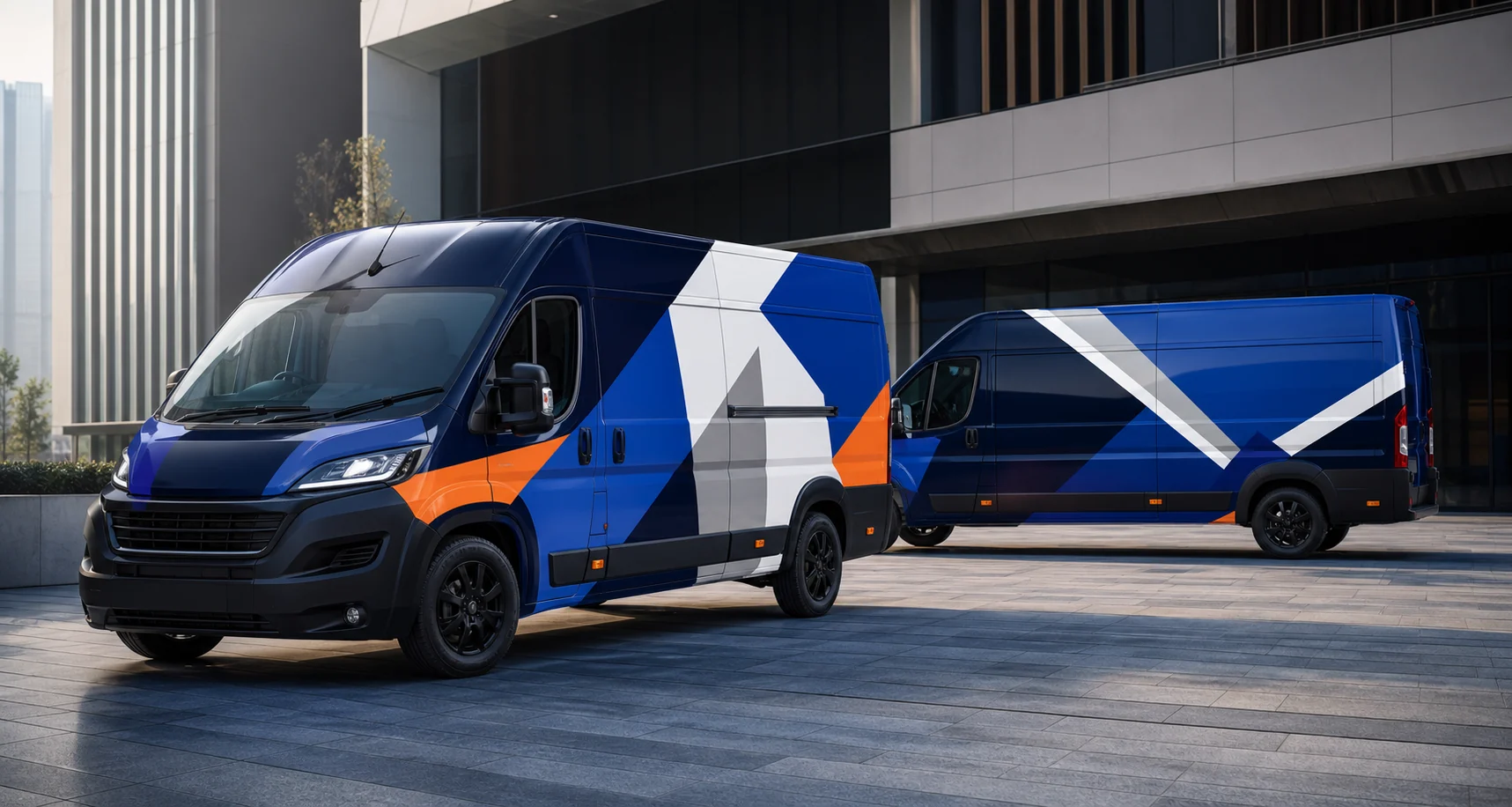 Two premium commercial vans with coordinated navy, blue, white and orange fleet wraps