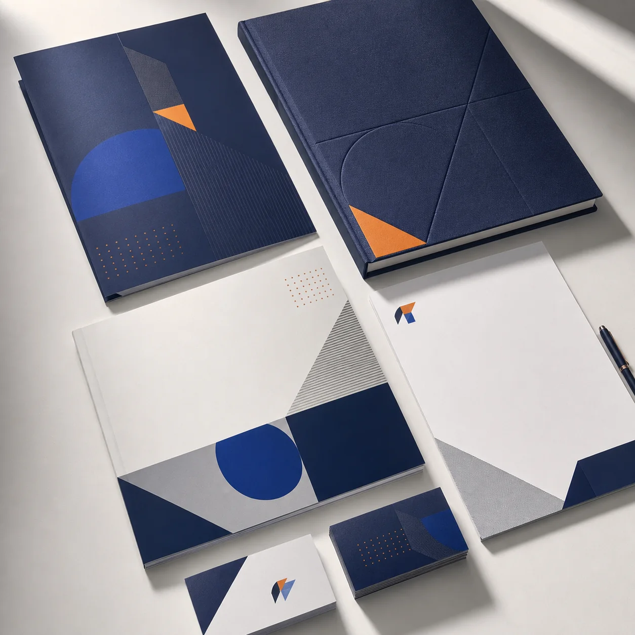 Premium navy, blue and orange corporate print suite
